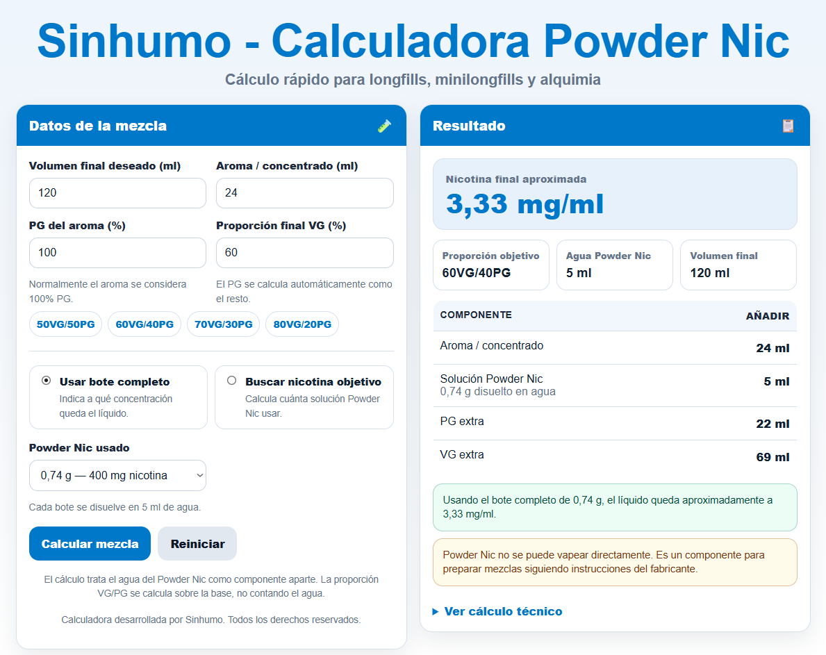 Calculadora Powder Nic